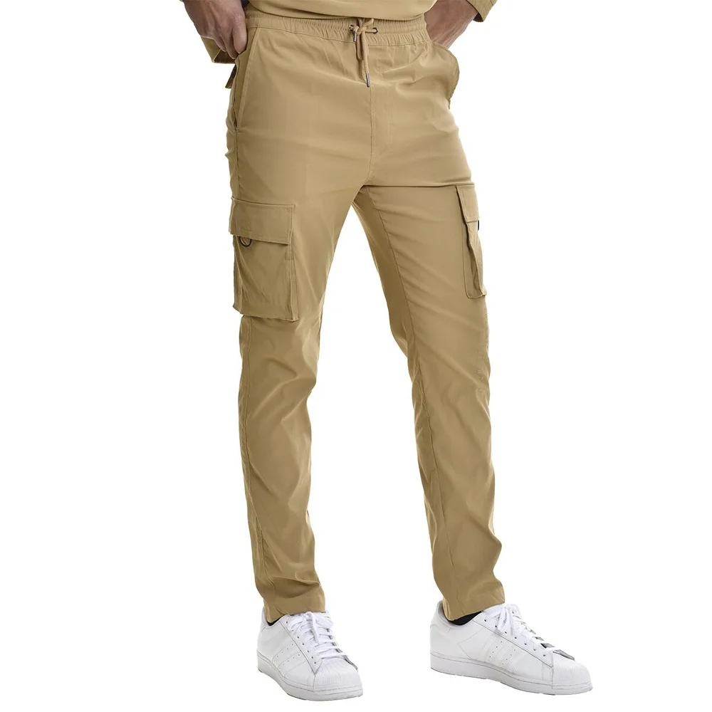 Men's Tan Cargo Pants Tapered Fit And Elastic Waitband - Picture 1 of 15